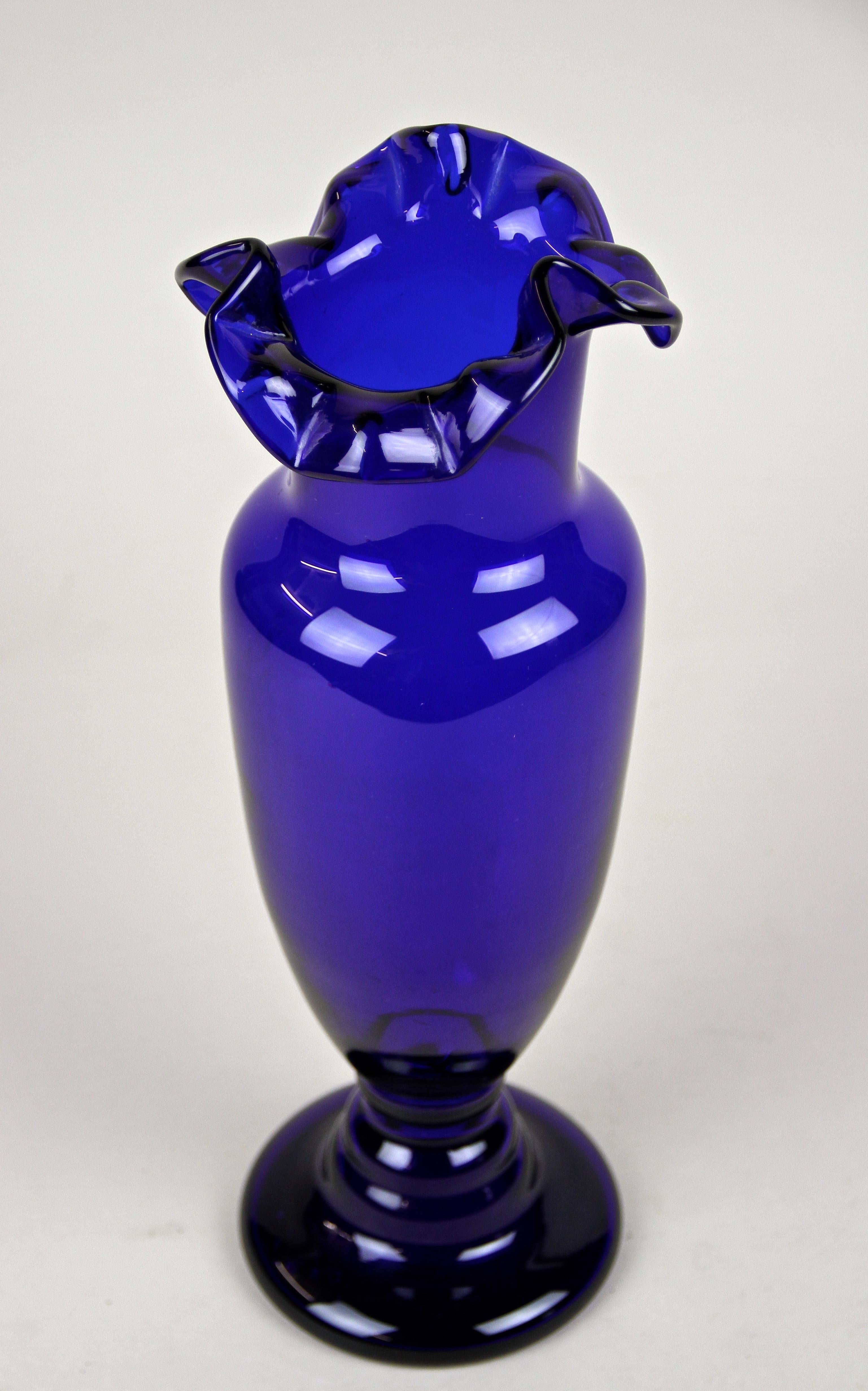 Blown Glass Blue Glass Vase Art Nouveau with Frilly Glass Top, Austria, circa 1900 For Sale