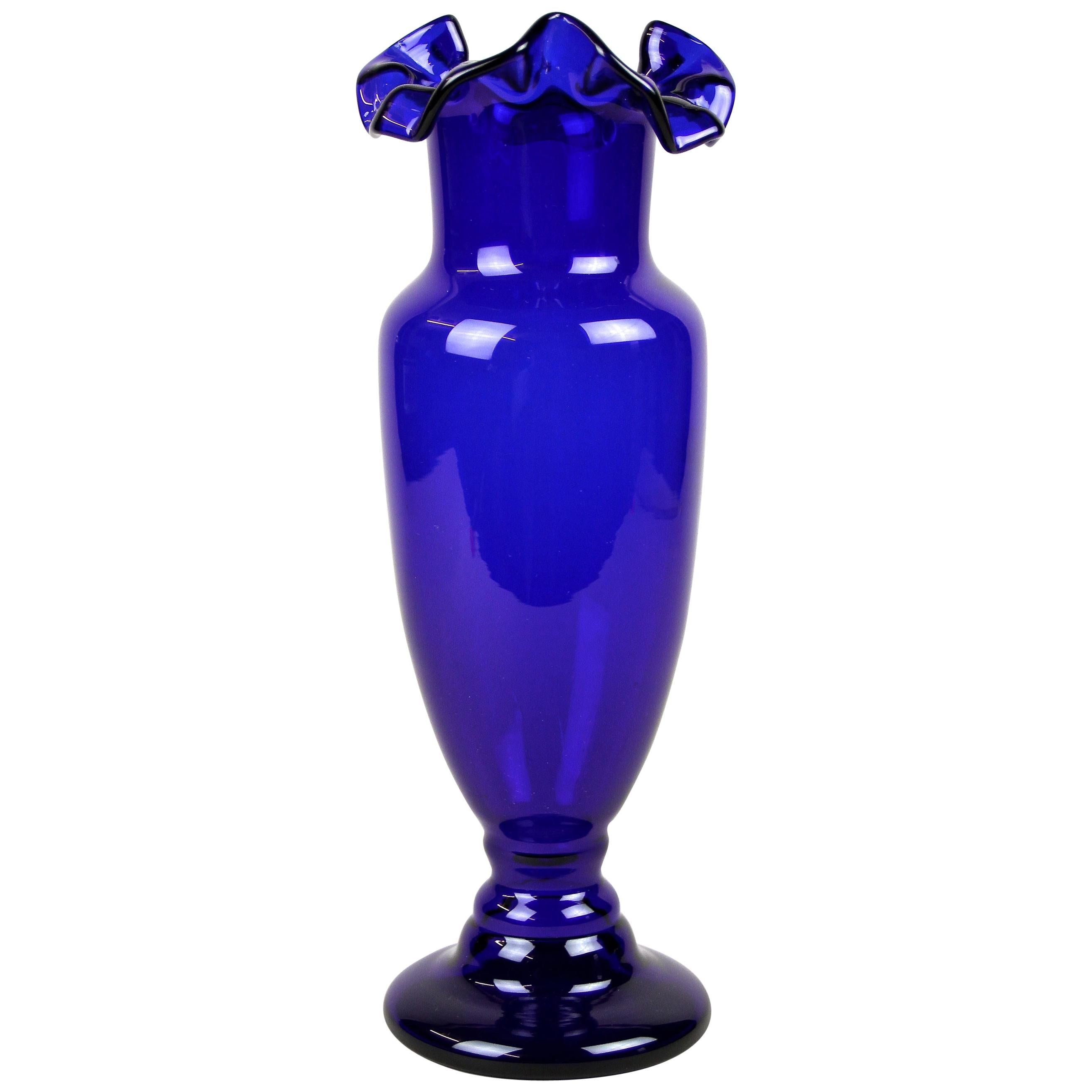 Blue Glass Vase Art Nouveau with Frilly Glass Top, Austria, circa 1900