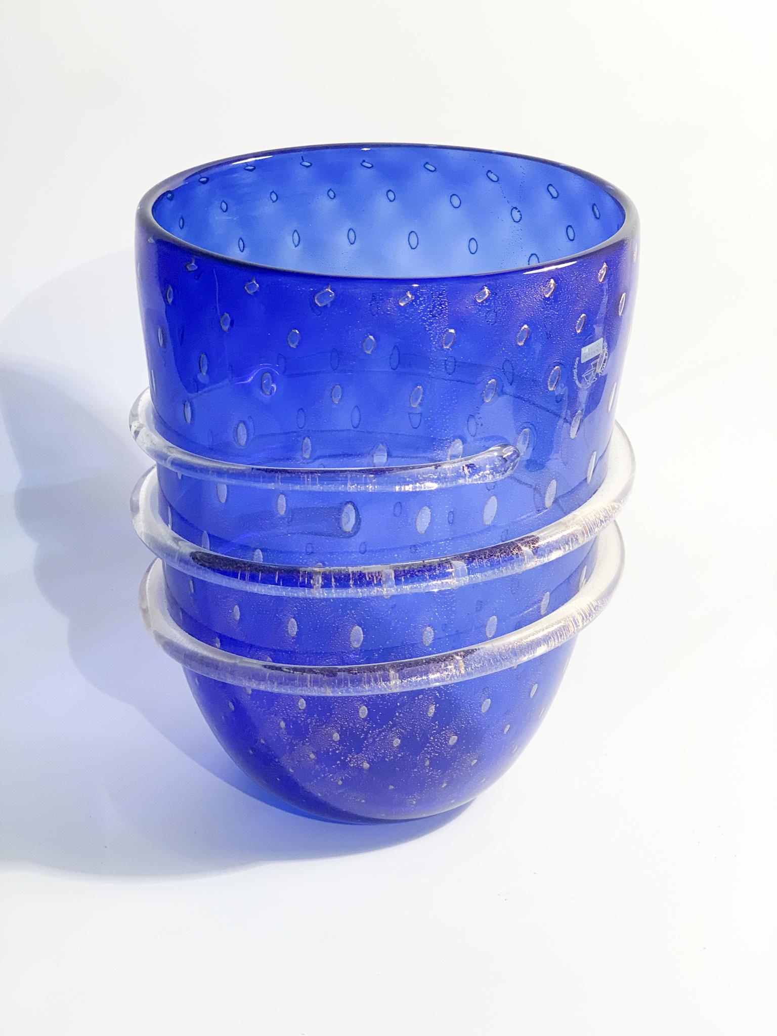Late 20th Century Blue Glass Vase of the Doges of Murano with Gold Leaf from the 1980s For Sale