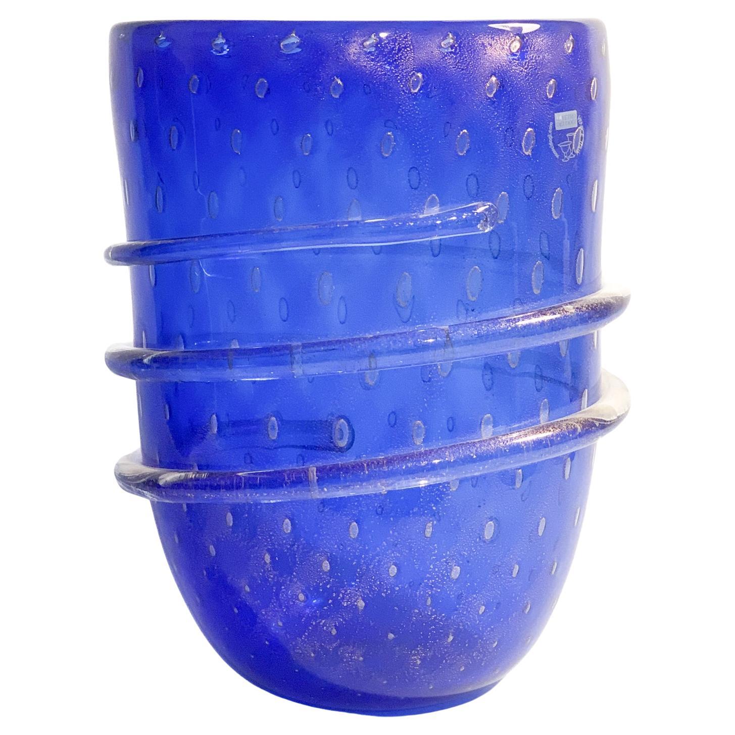 Blue Glass Vase of the Doges of Murano with Gold Leaf from the 1980s For Sale