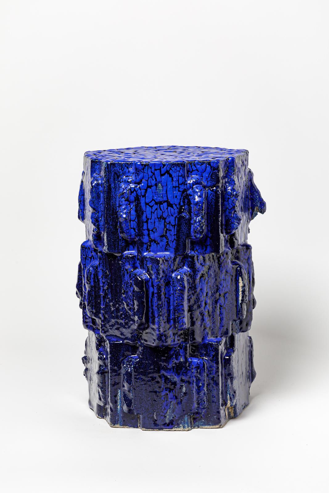 Blue glazed bollène stoneware stool by Jean Ponsart.
Artist monogram at the base. 2023.
H : 17.5’ x 11.2’ x 11.2 inches.