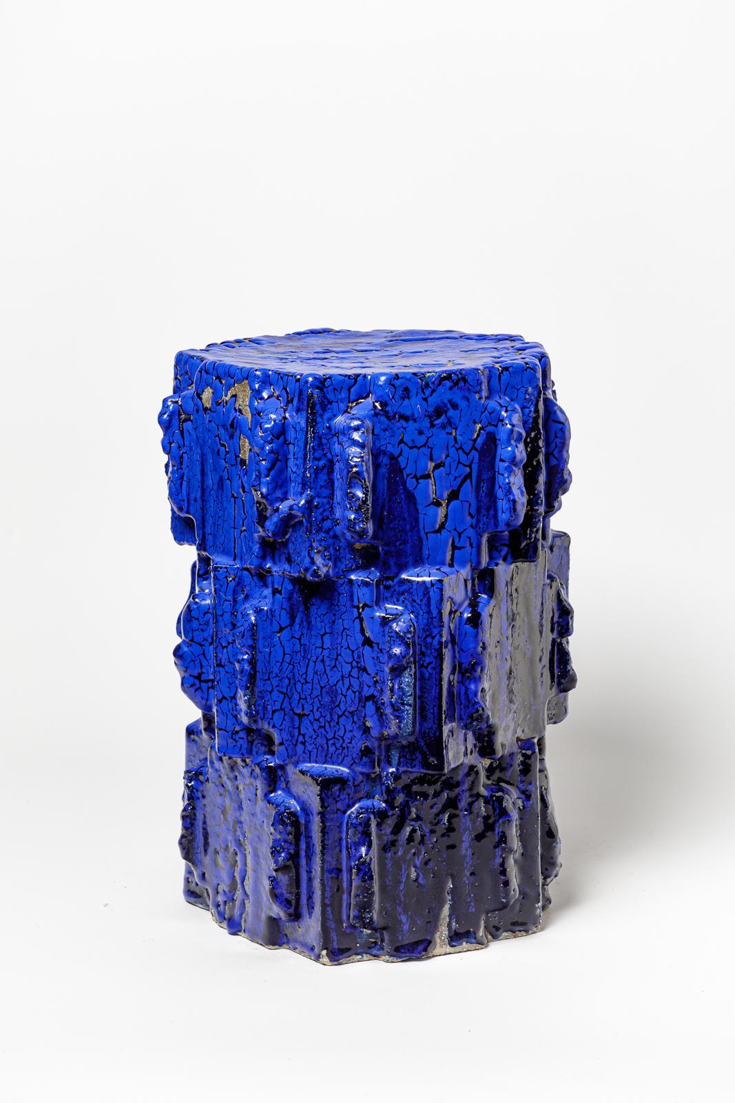 Blue glazed bollène stoneware stool by Jean Ponsart.
Artist monogram at the base. 2023.
H : 17.5’ x 11.2’ x 11.2 inches.
