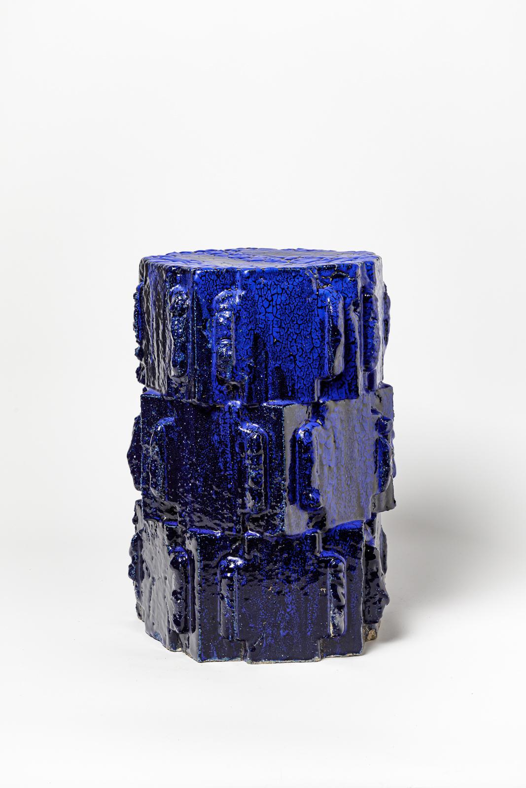 Hocker aus blau glasiertem Bollène-Steinzeug von Jean Ponsart, 2023. (Beaux Arts) im Angebot