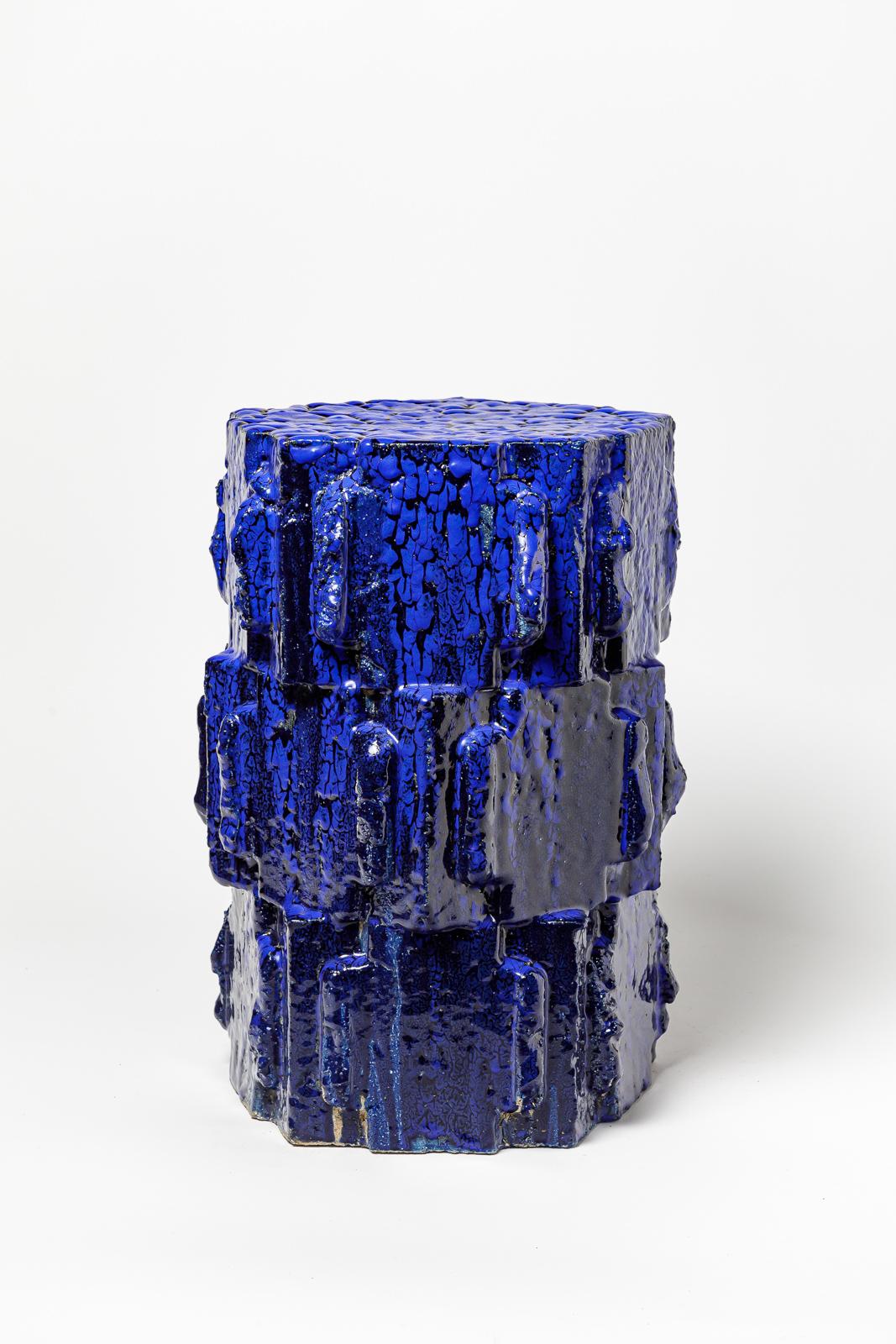 Beaux Arts Blue glazed bollène stoneware stool by Jean Ponsart, 2023. For Sale
