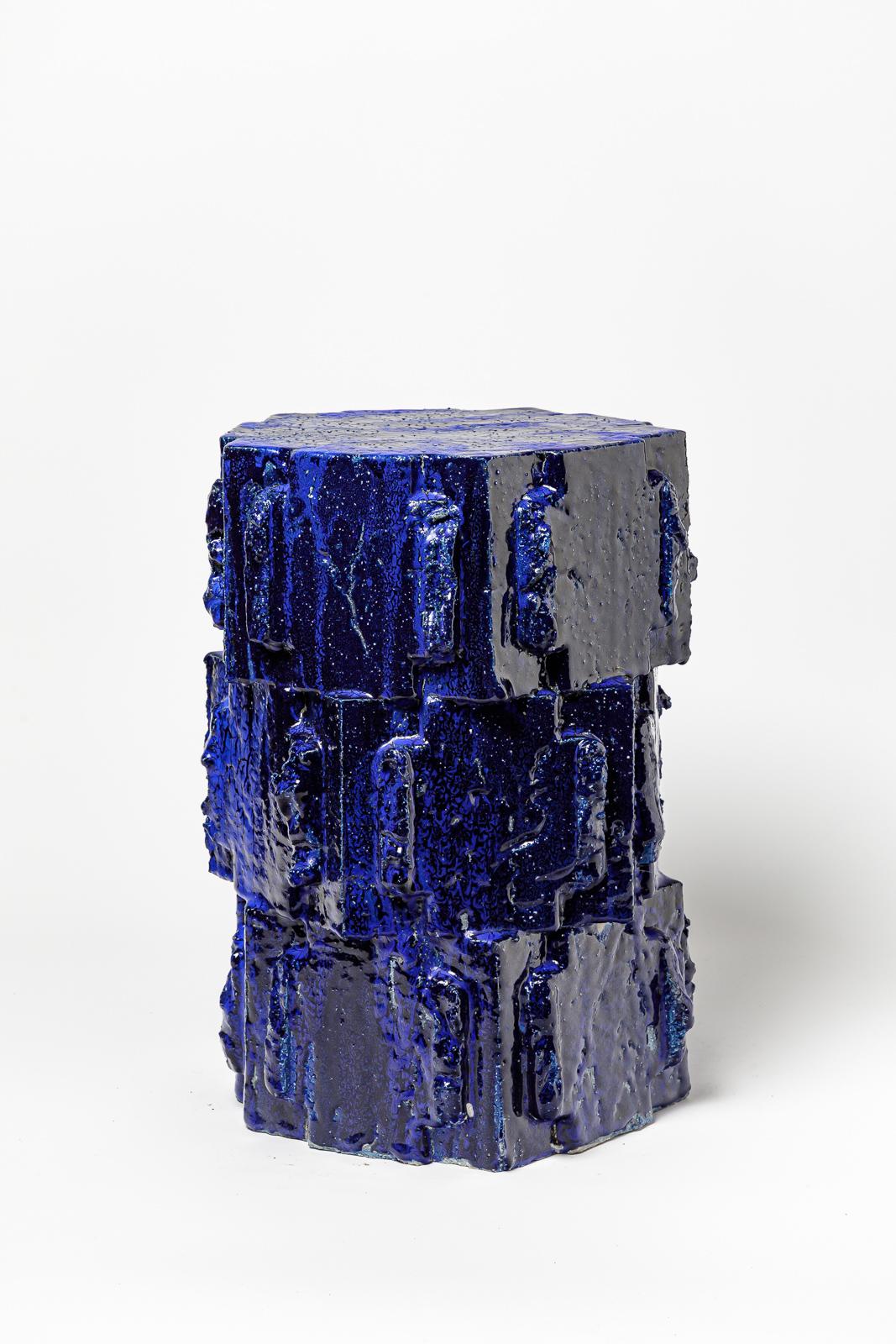 Hocker aus blau glasiertem Bollène-Steinzeug von Jean Ponsart, 2023. (Beaux Arts) im Angebot