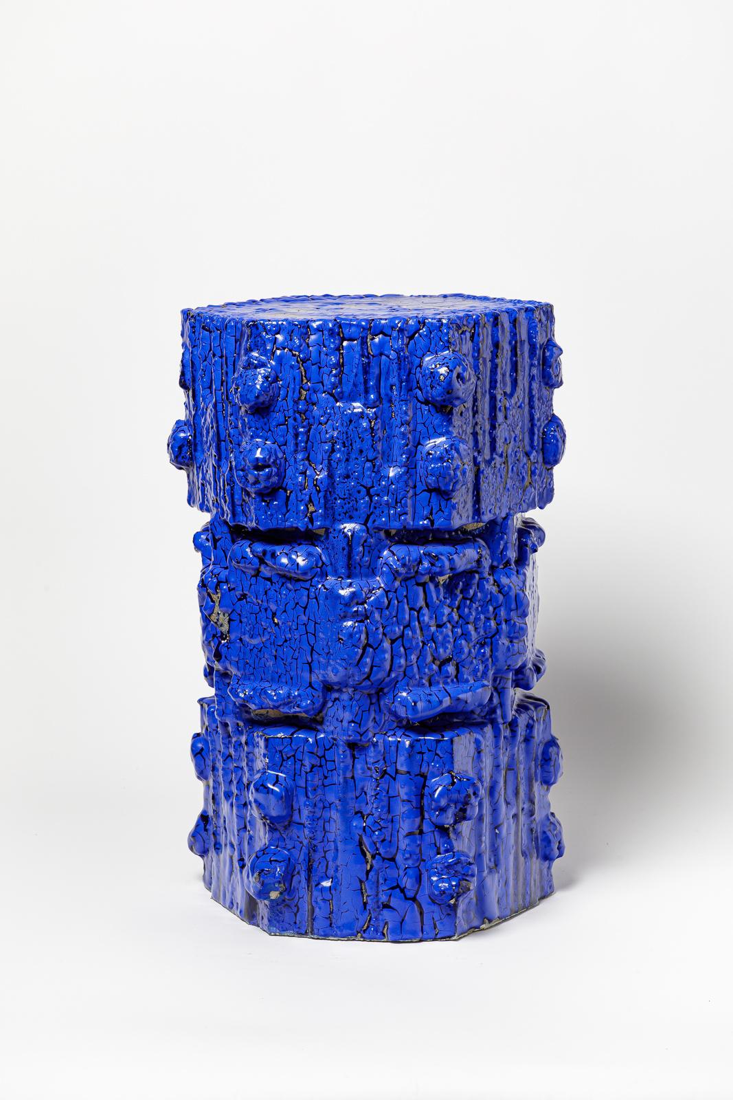 Beaux Arts Blue glazed bollène stoneware stool by Jean Ponsart, 2023. For Sale