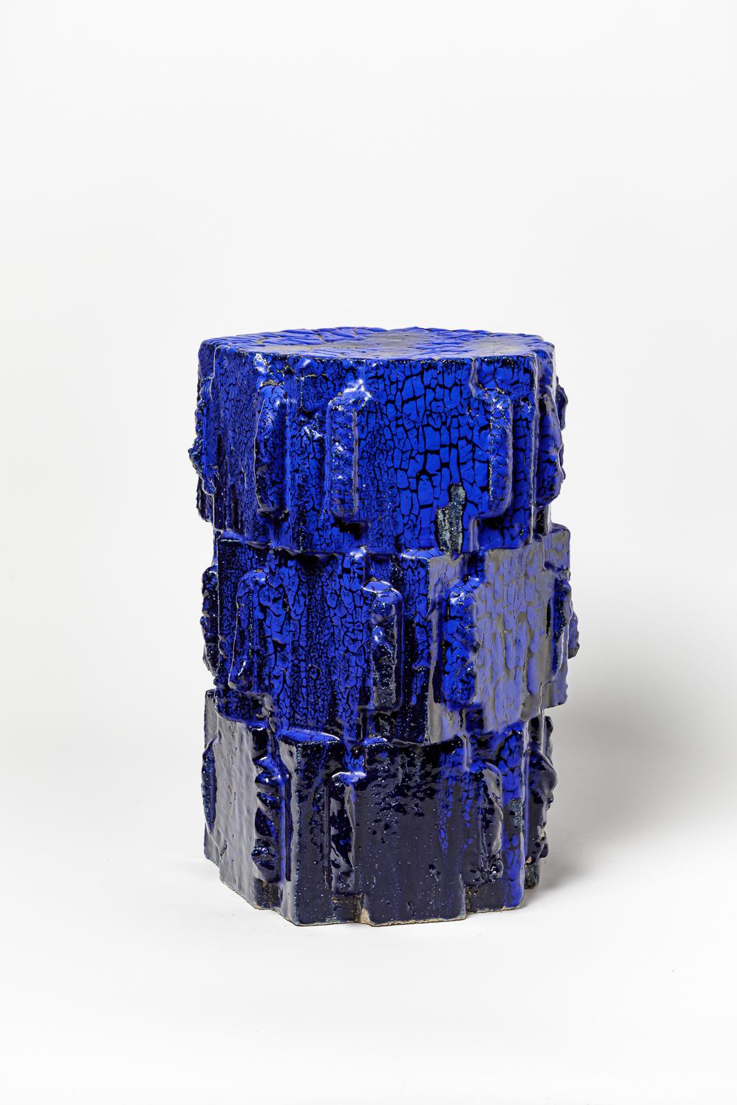 French Blue glazed bollène stoneware stool by Jean Ponsart, 2023. For Sale