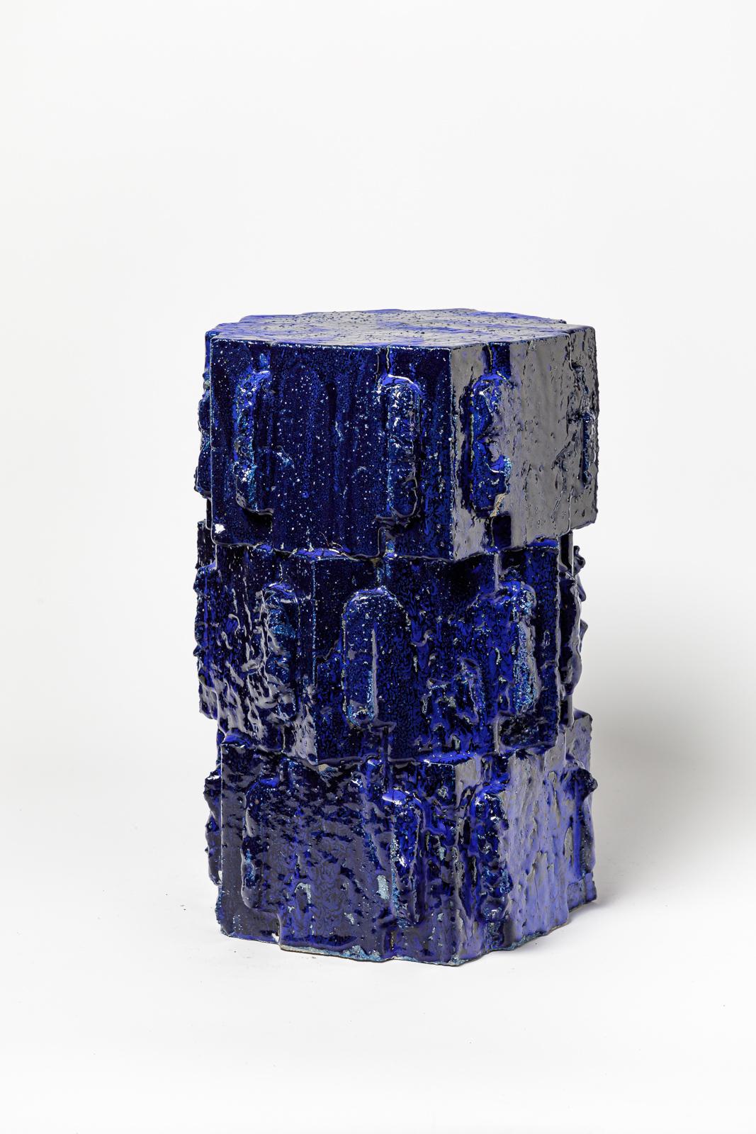 Hocker aus blau glasiertem Bollène-Steinzeug von Jean Ponsart, 2023. (Französisch) im Angebot