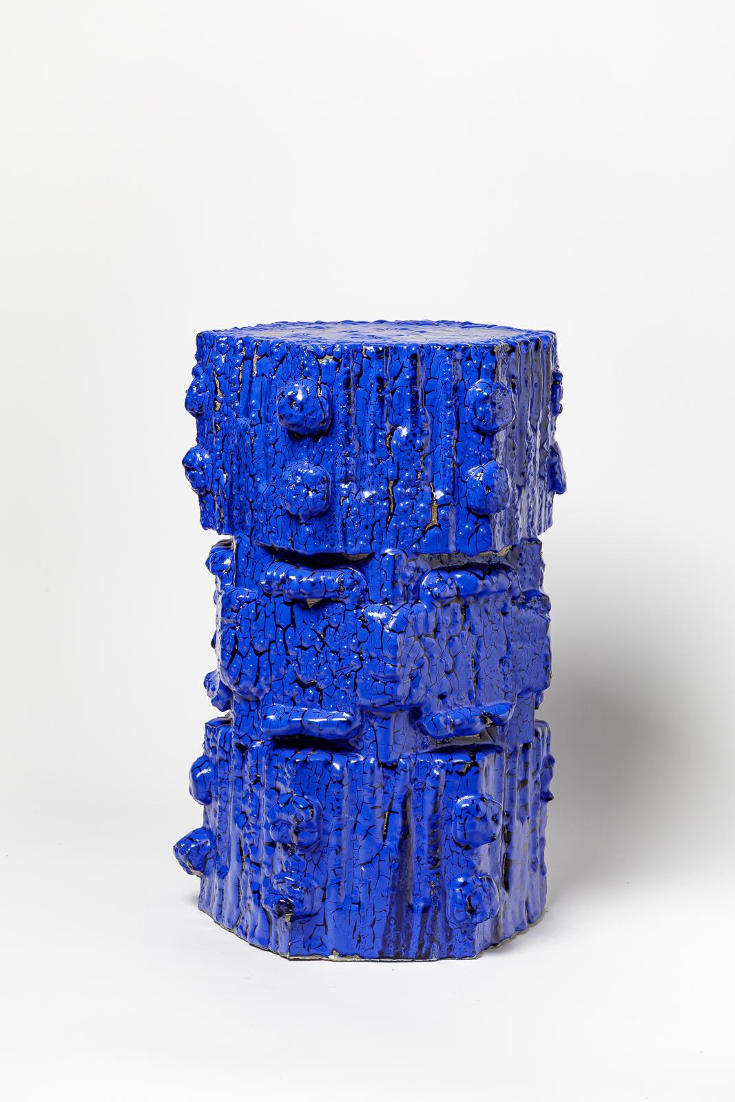 French Blue glazed bollène stoneware stool by Jean Ponsart, 2023.