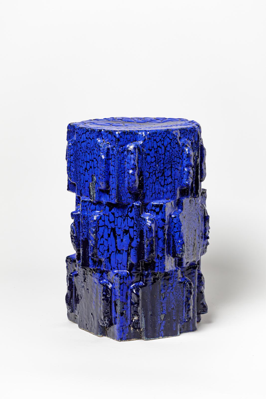 Blue glazed bollène stoneware stool by Jean Ponsart, 2023. In New Condition For Sale In Saint-Ouen, FR