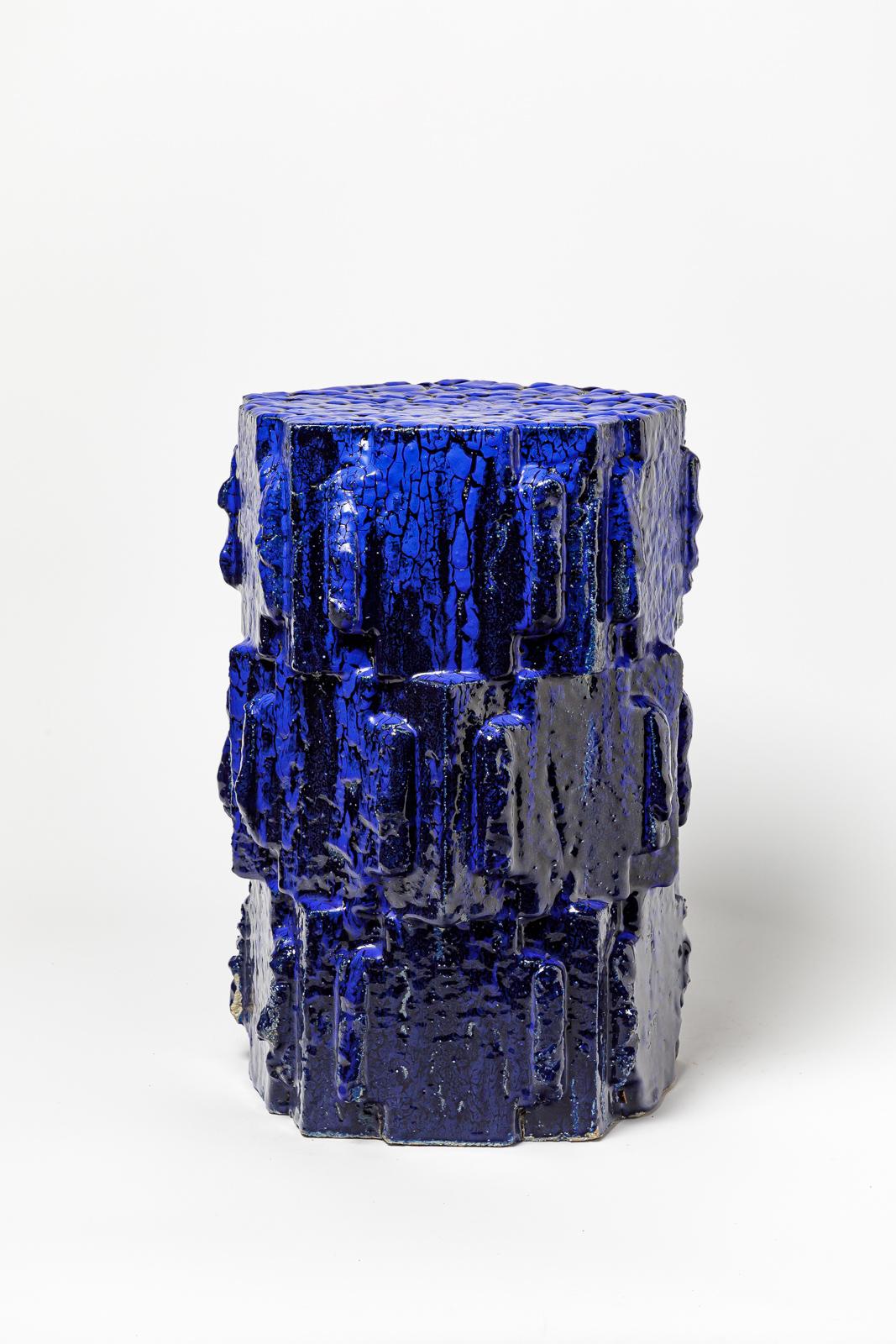 Blue glazed bollène stoneware stool by Jean Ponsart, 2023. In New Condition For Sale In Saint-Ouen, FR