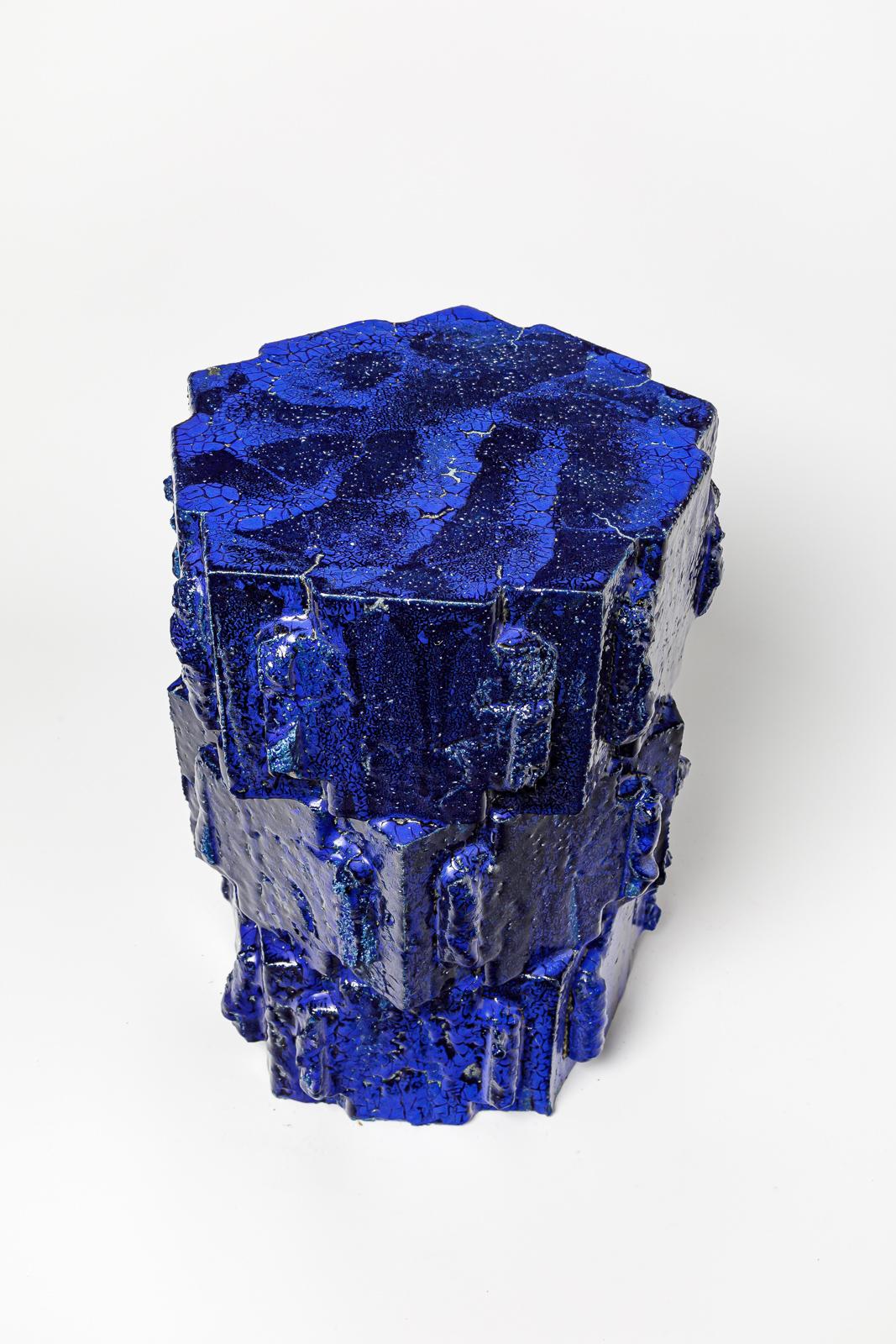 Hocker aus blau glasiertem Bollène-Steinzeug von Jean Ponsart, 2023. (21. Jahrhundert und zeitgenössisch) im Angebot