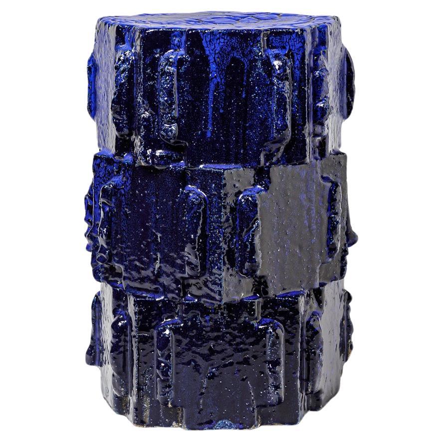 Hocker aus blau glasiertem Bollène-Steinzeug von Jean Ponsart, 2023. im Angebot