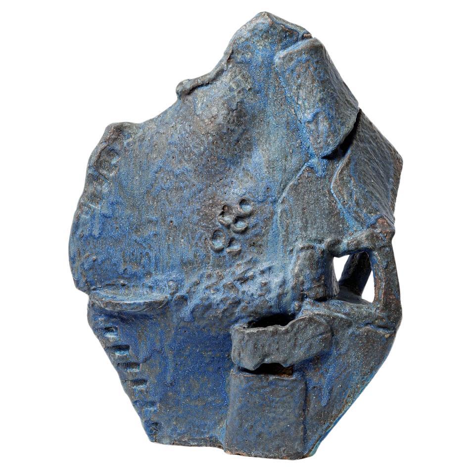Blue glazed ceramic abstract sculpture by Michel Lanos For Sale
