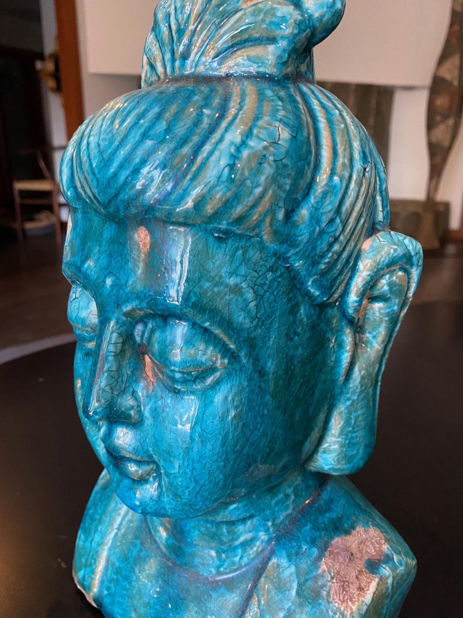 Sculpture de Bouddha en céramique émaillée bleue à la manière d'Aldo Londi Bitossi en vente 4