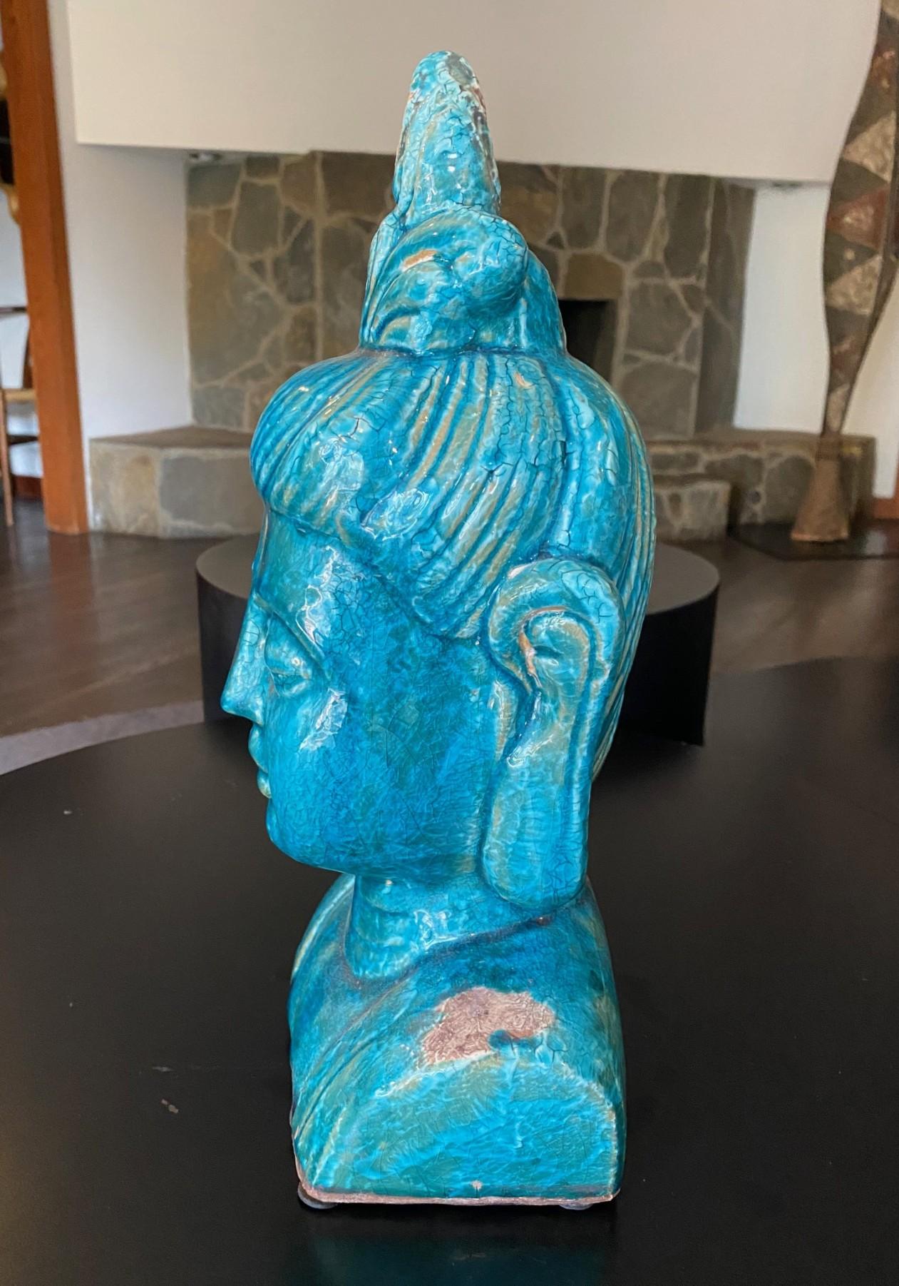 Sculpture de Bouddha en céramique émaillée bleue à la manière d'Aldo Londi Bitossi en vente 5