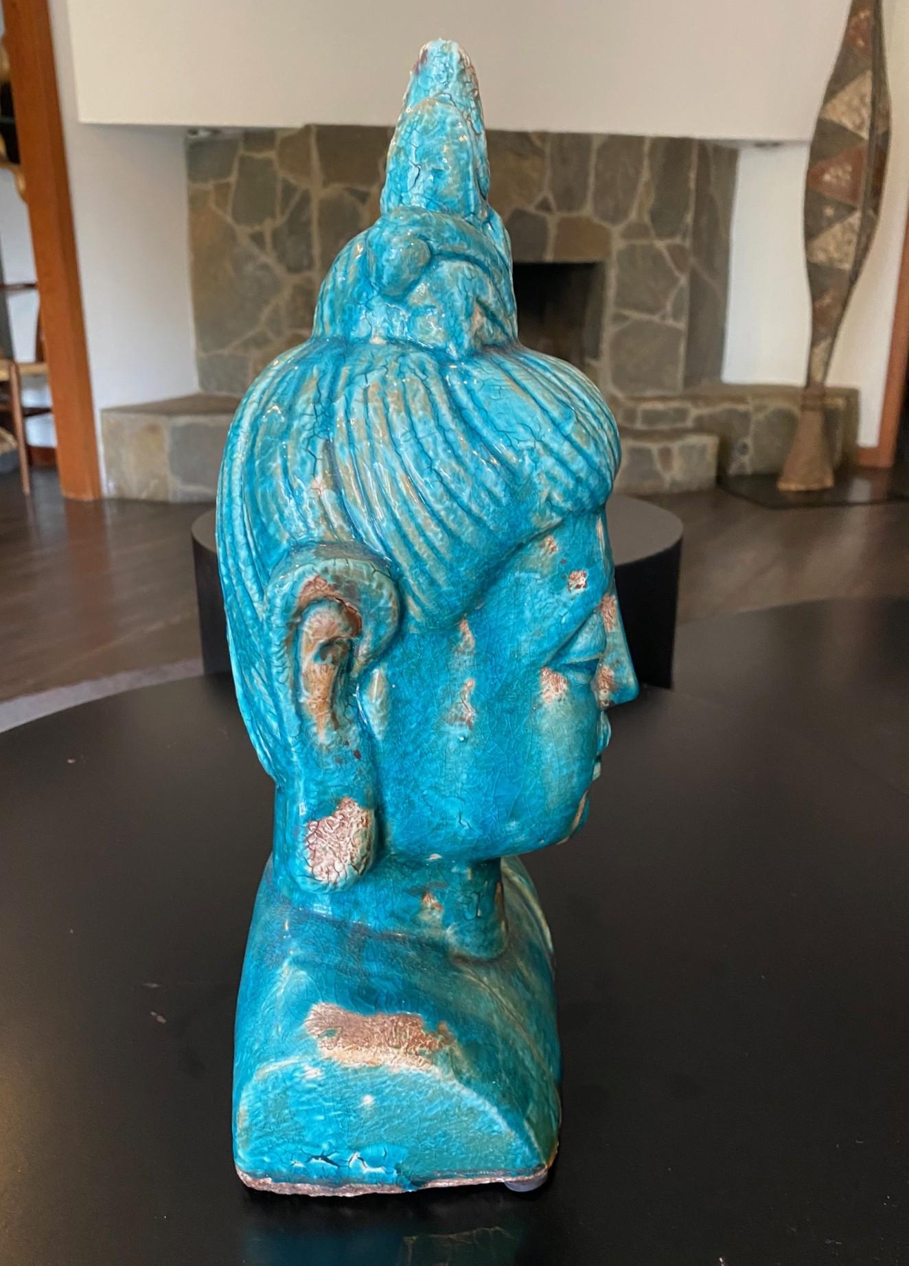 Sculpture de Bouddha en céramique émaillée bleue à la manière d'Aldo Londi Bitossi en vente 7