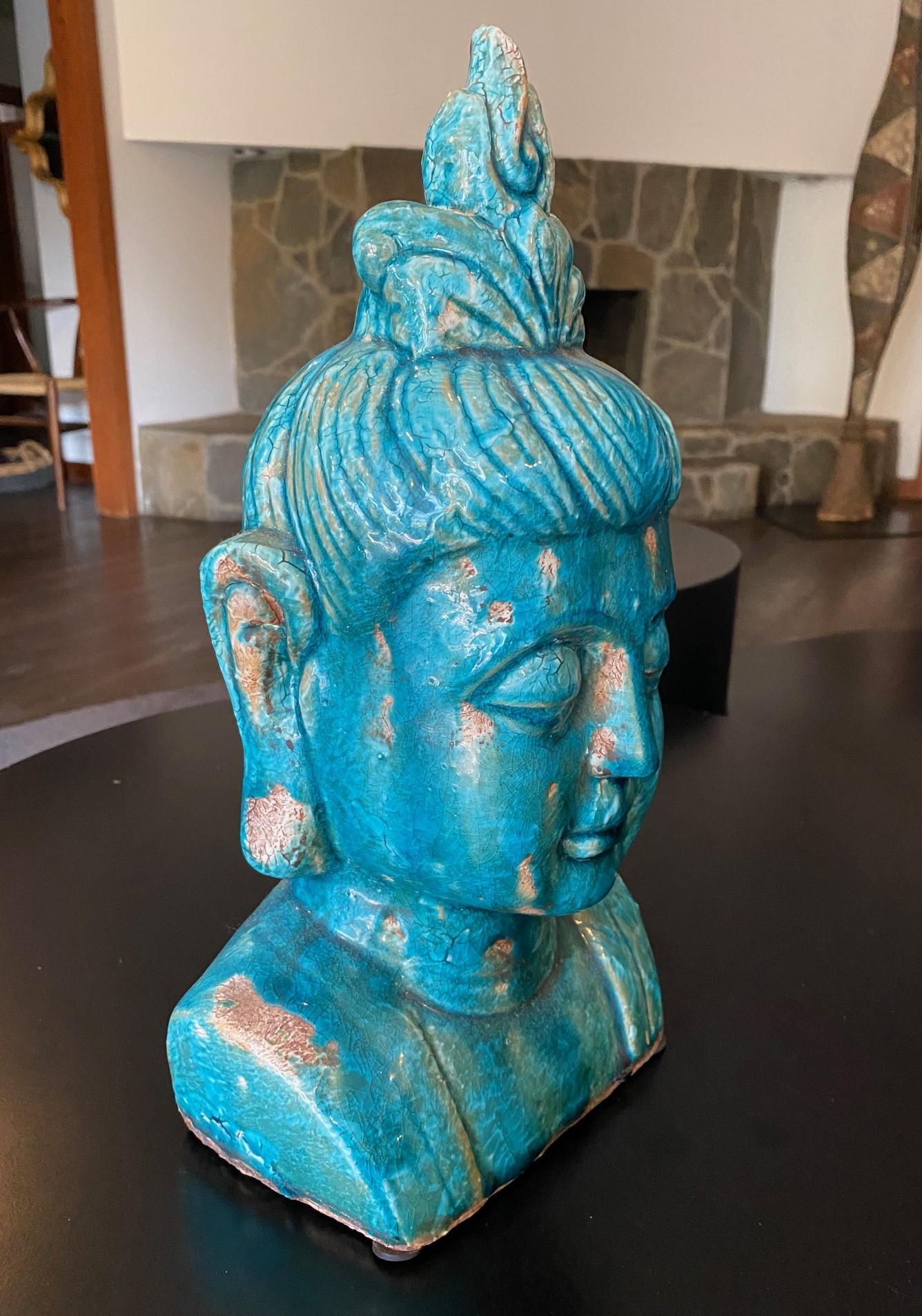 Sculpture de Bouddha en céramique émaillée bleue à la manière d'Aldo Londi Bitossi en vente 8