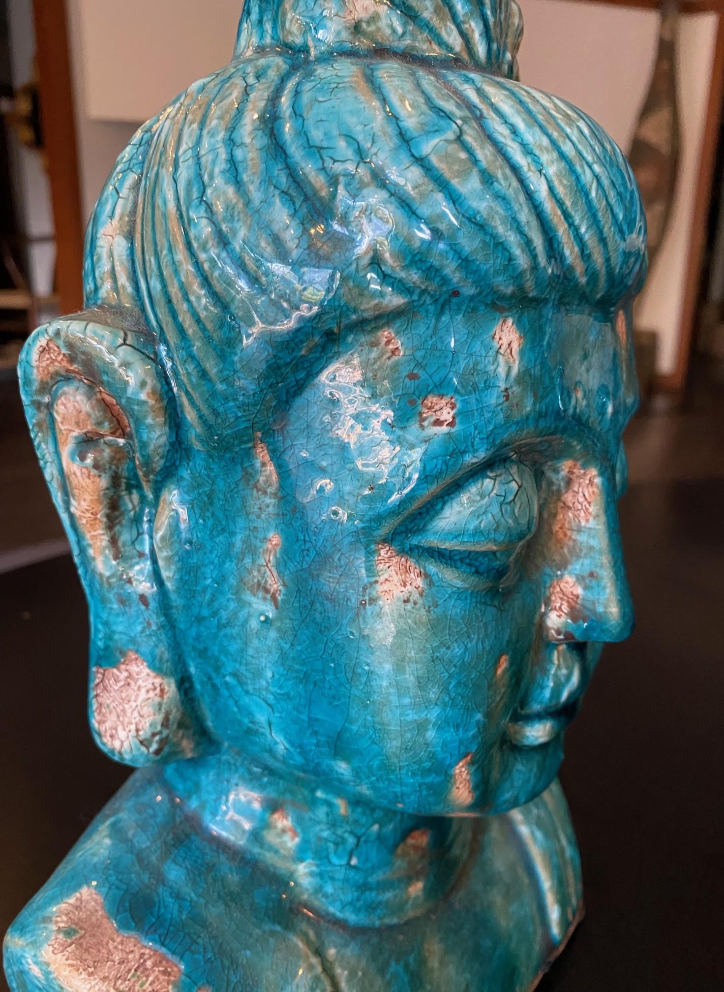 Sculpture de Bouddha en céramique émaillée bleue à la manière d'Aldo Londi Bitossi en vente 9