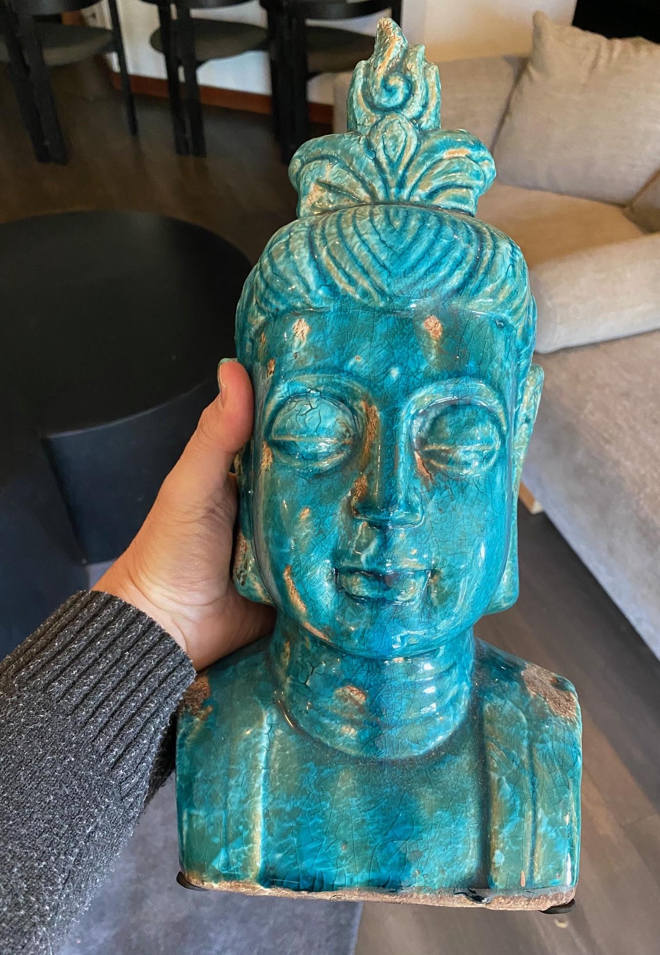 Sculpture de Bouddha en céramique émaillée bleue à la manière d'Aldo Londi Bitossi en vente 10