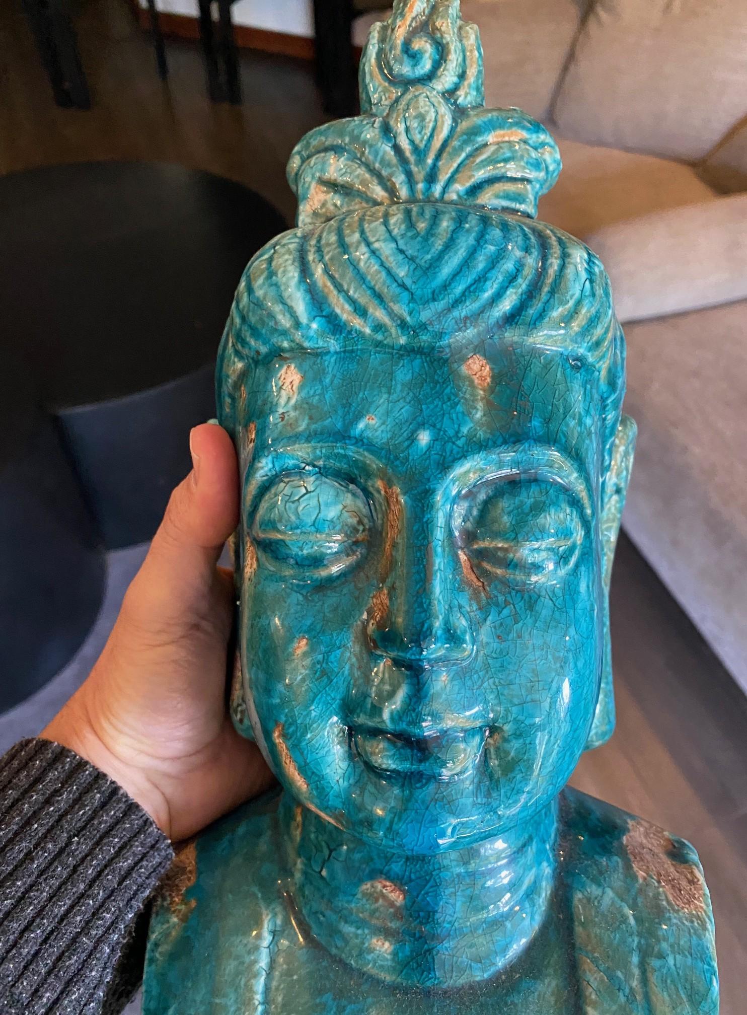 Sculpture de Bouddha en céramique émaillée bleue à la manière d'Aldo Londi Bitossi en vente 11