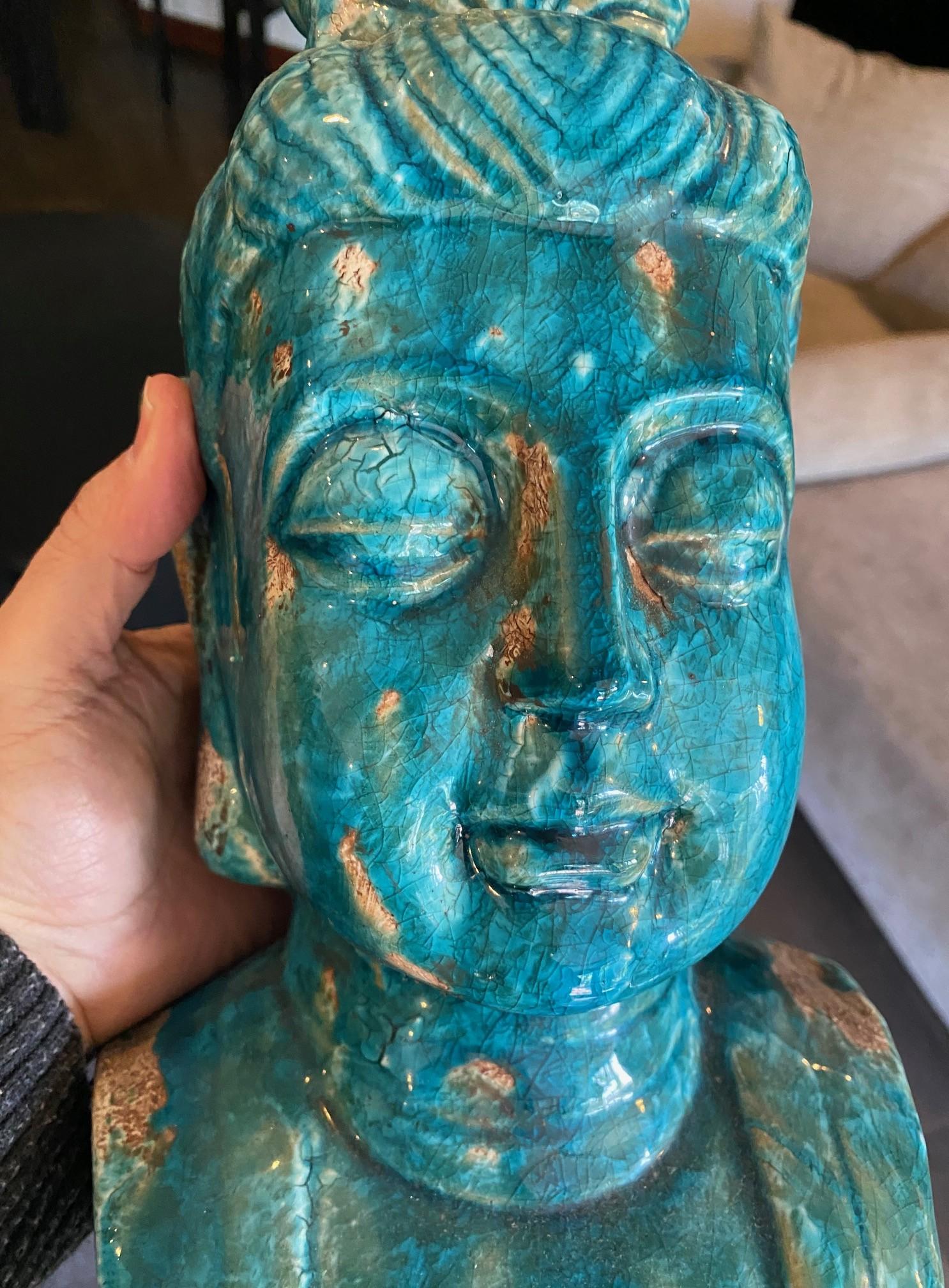 Sculpture de Bouddha en céramique émaillée bleue à la manière d'Aldo Londi Bitossi en vente 13