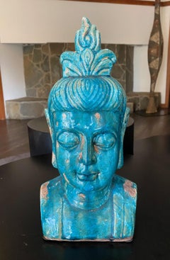 Blue Glazed Ceramic Buddha Sculpture In the Manner of Aldo Londi Bitossi