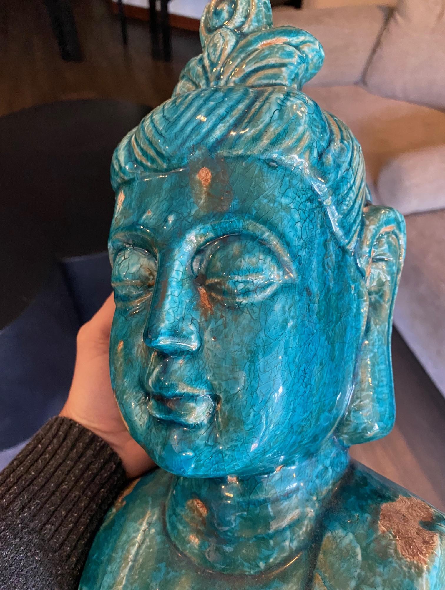 Sculpture de Bouddha en céramique émaillée bleue à la manière d'Aldo Londi Bitossi en vente 14