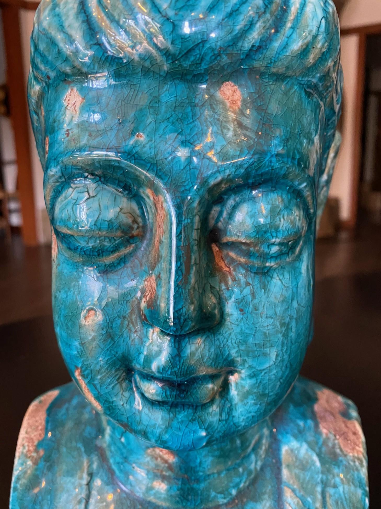 Poterie Sculpture de Bouddha en céramique émaillée bleue à la manière d'Aldo Londi Bitossi en vente