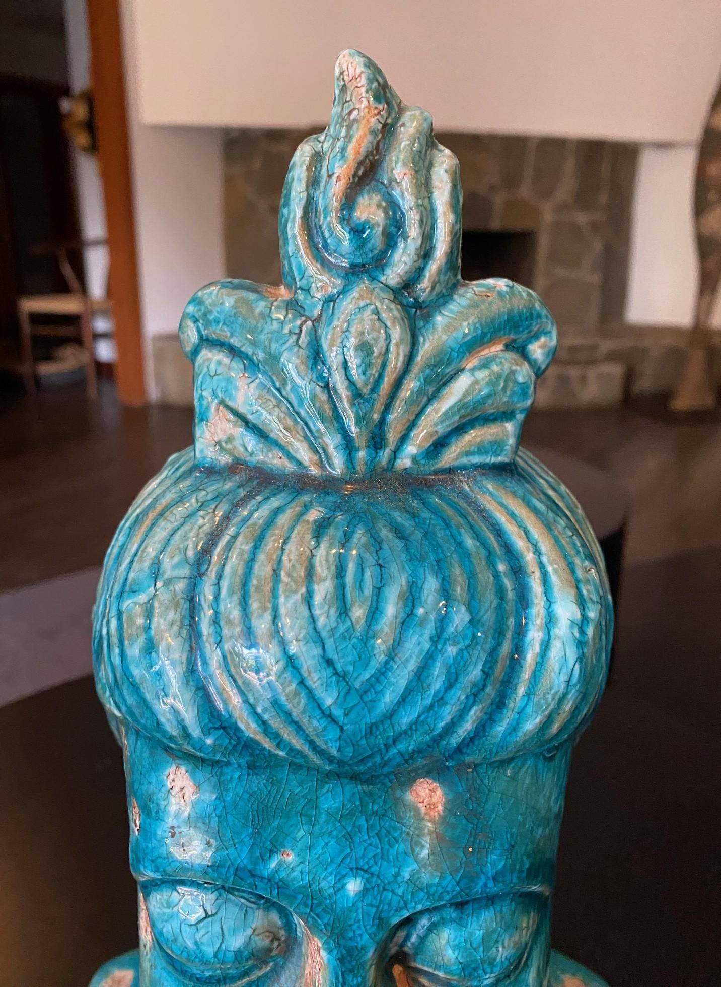 Sculpture de Bouddha en céramique émaillée bleue à la manière d'Aldo Londi Bitossi en vente 2