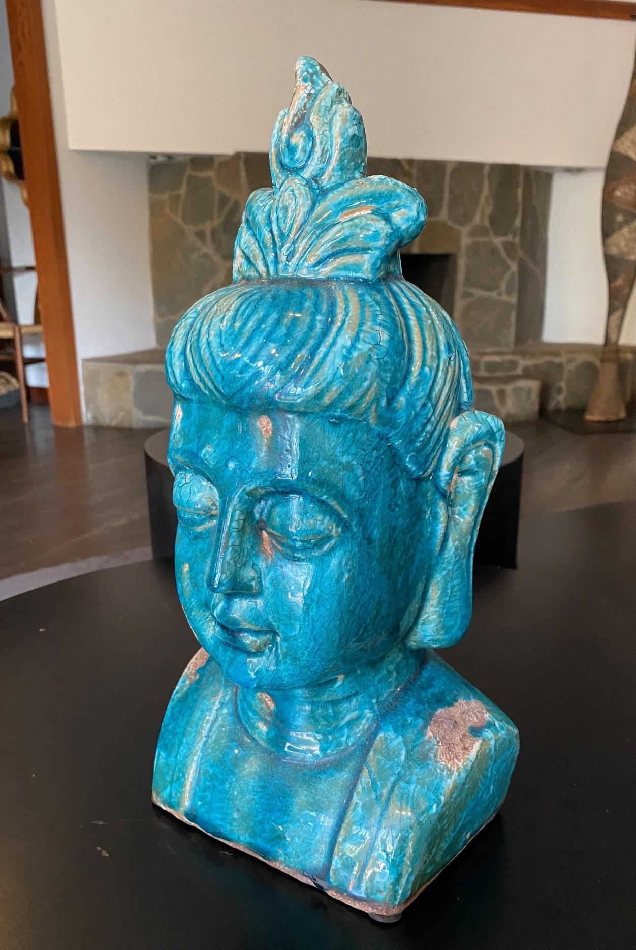 Sculpture de Bouddha en céramique émaillée bleue à la manière d'Aldo Londi Bitossi en vente 3