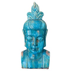 Blue Glazed Ceramic Buddha Sculpture In the Manner of Aldo Londi Bitossi