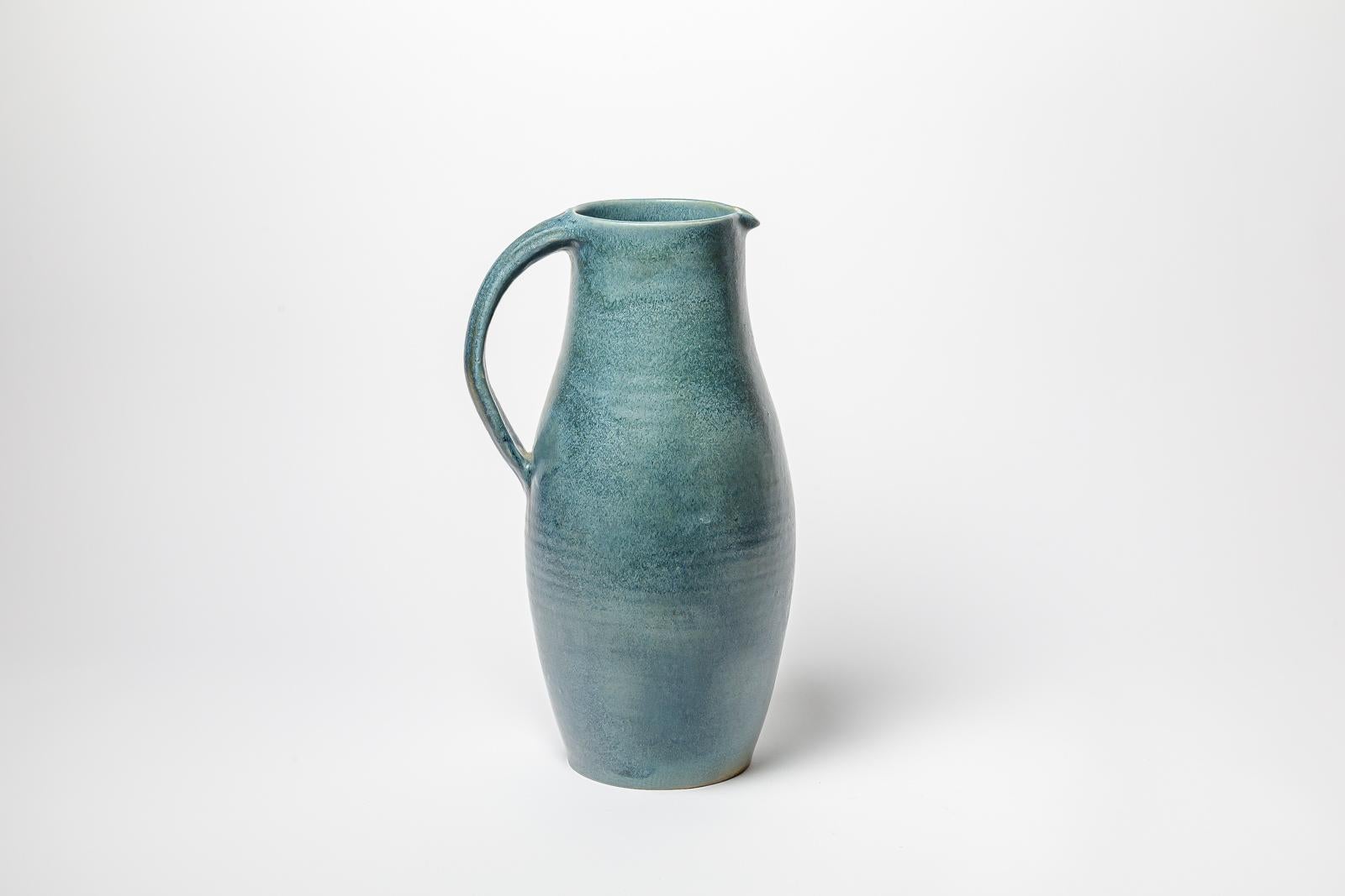 Blue glazed ceramic pitcher by Roger Jacques, circa 1960-1970. In Good Condition For Sale In Saint-Ouen, FR