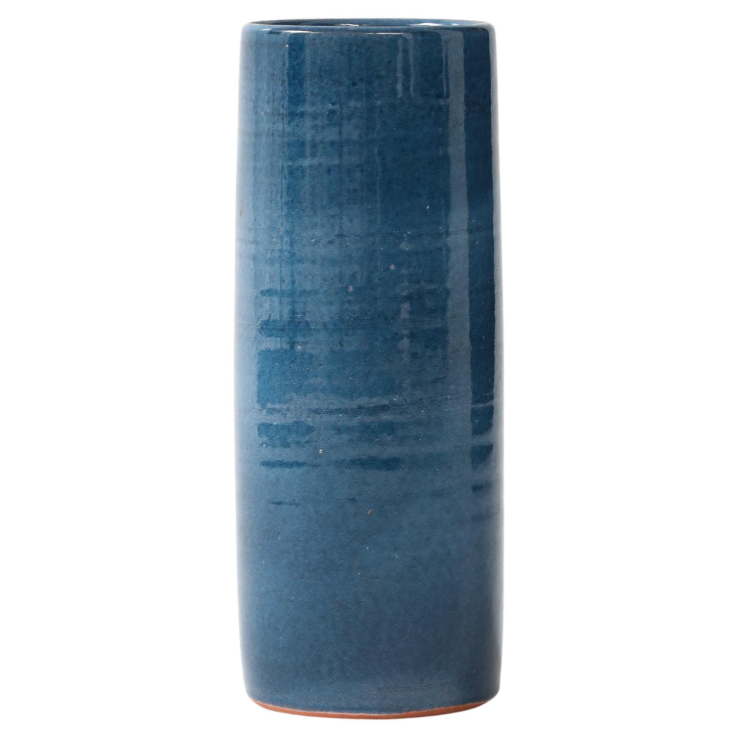 Blue Glazed Ceramic Rouleau Vase, France, c. 1960’s, Signed: 'Poterie Figere'