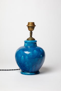 Lampada da tavolo in ceramica smaltata blu di Edmond Lachenal, 1920-1930 ca.