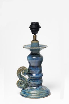 Blue glazed ceramic table lamp by Jean Maubrou, circa 1940-1950
