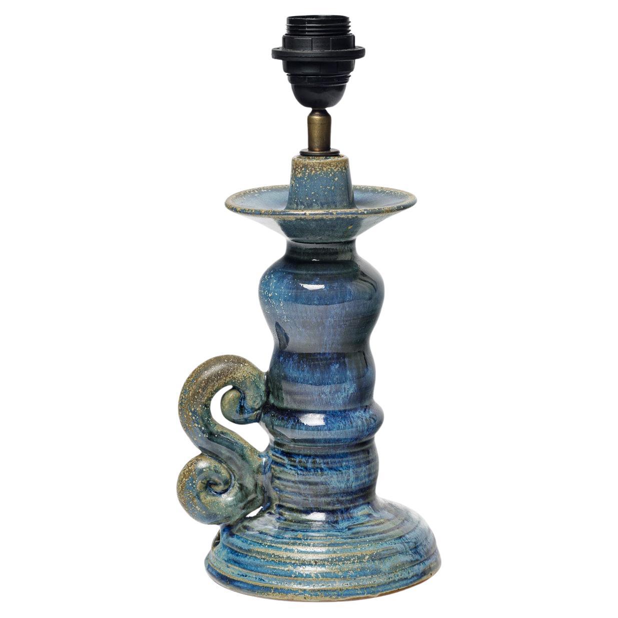 Blue glazed ceramic table lamp by Jean Maubrou, circa 1940-1950 For Sale