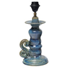 Blue glazed ceramic table lamp by Jean Maubrou, circa 1940-1950