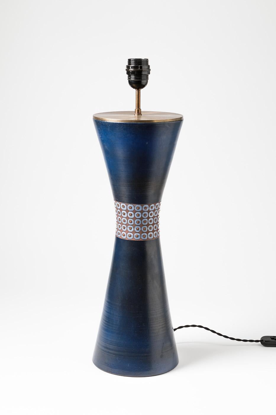 French Blue glazed ceramic table lamp by René Morel, circa 1960-1970. For Sale