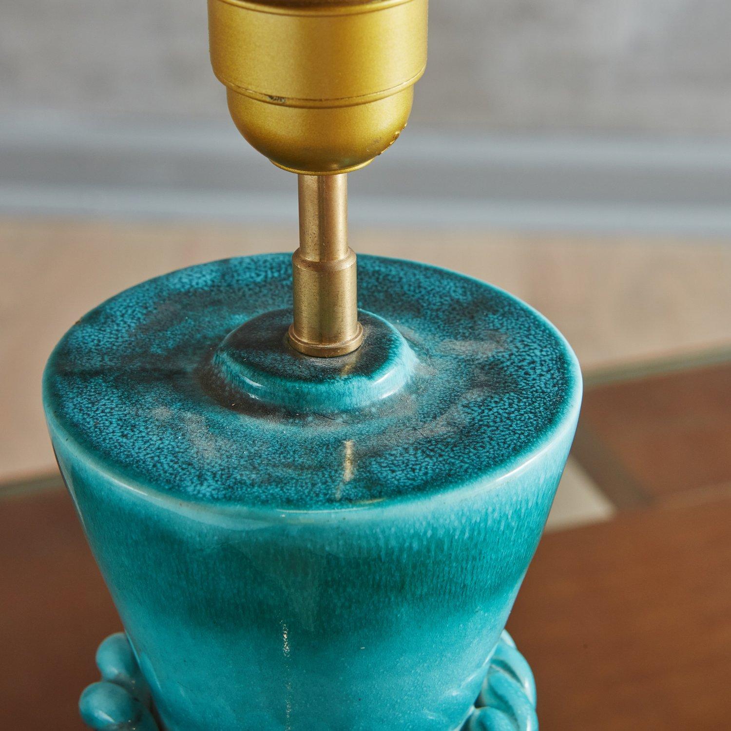 Blau glasierte Keramik-Tischlampe, Frankreich 1940er Jahre im Angebot 2