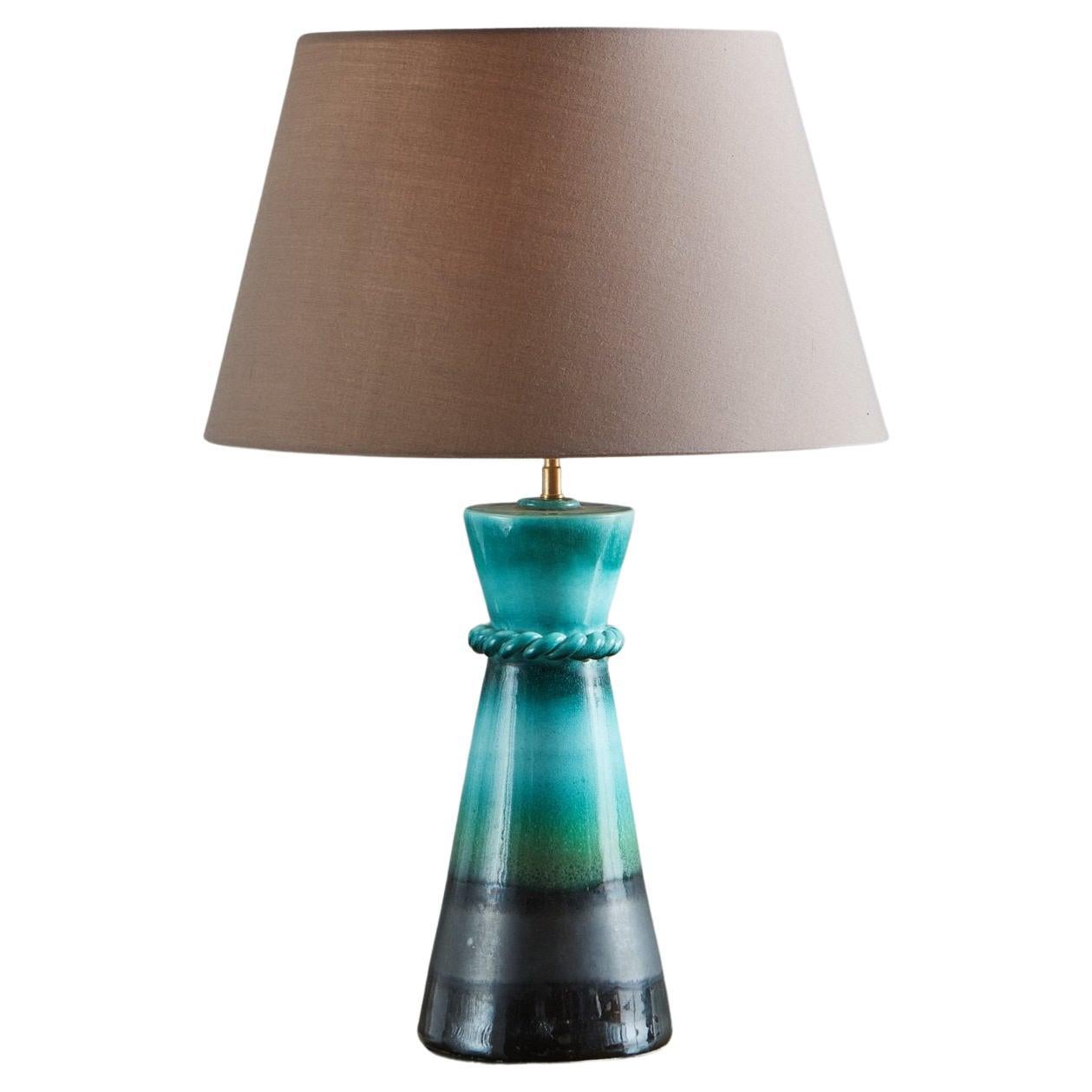 Blue Glazed Ceramic Table Lamp, France 1940s For Sale