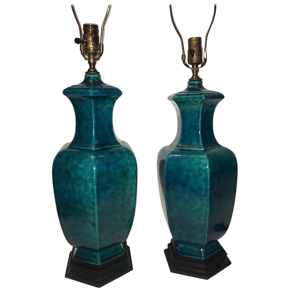A Mid Century Ceramic Table Lamp in Green and Blue Glaze at 1stDibs ...