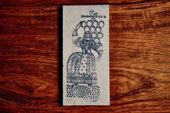 Blue-Glazed Ceramic Tile with Stylized Female Figure, Roger Capron France, 1970s