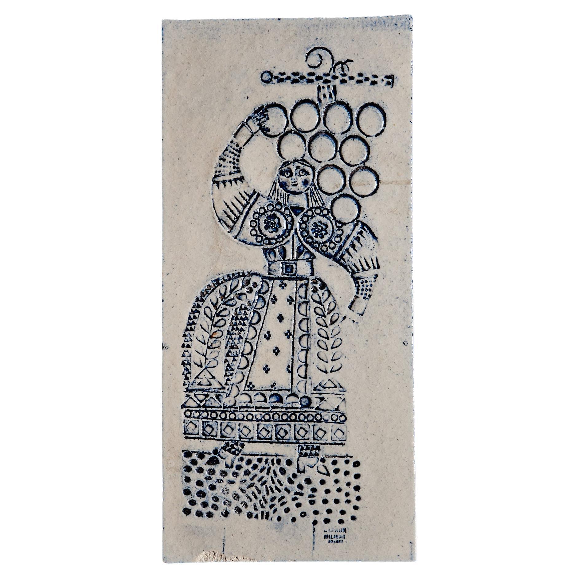 Blue-Glazed Ceramic Tile with Stylized Female Figure, Roger Capron France, 1970s For Sale