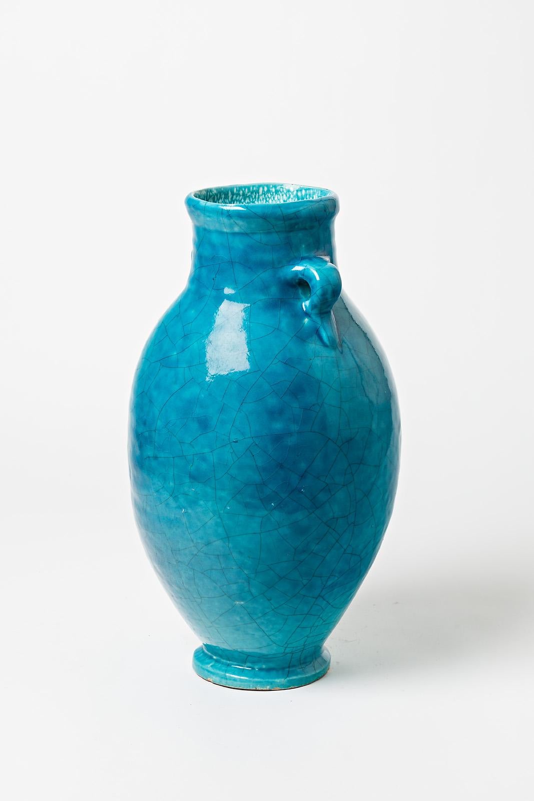 Beaux Arts Blue glazed ceramic vase attributed to Raoul Lachenal, circa 1930. For Sale