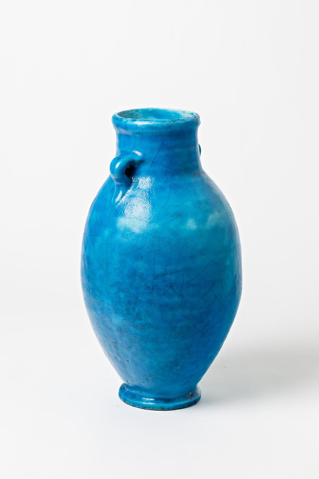 French Blue glazed ceramic vase attributed to Raoul Lachenal, circa 1930. For Sale