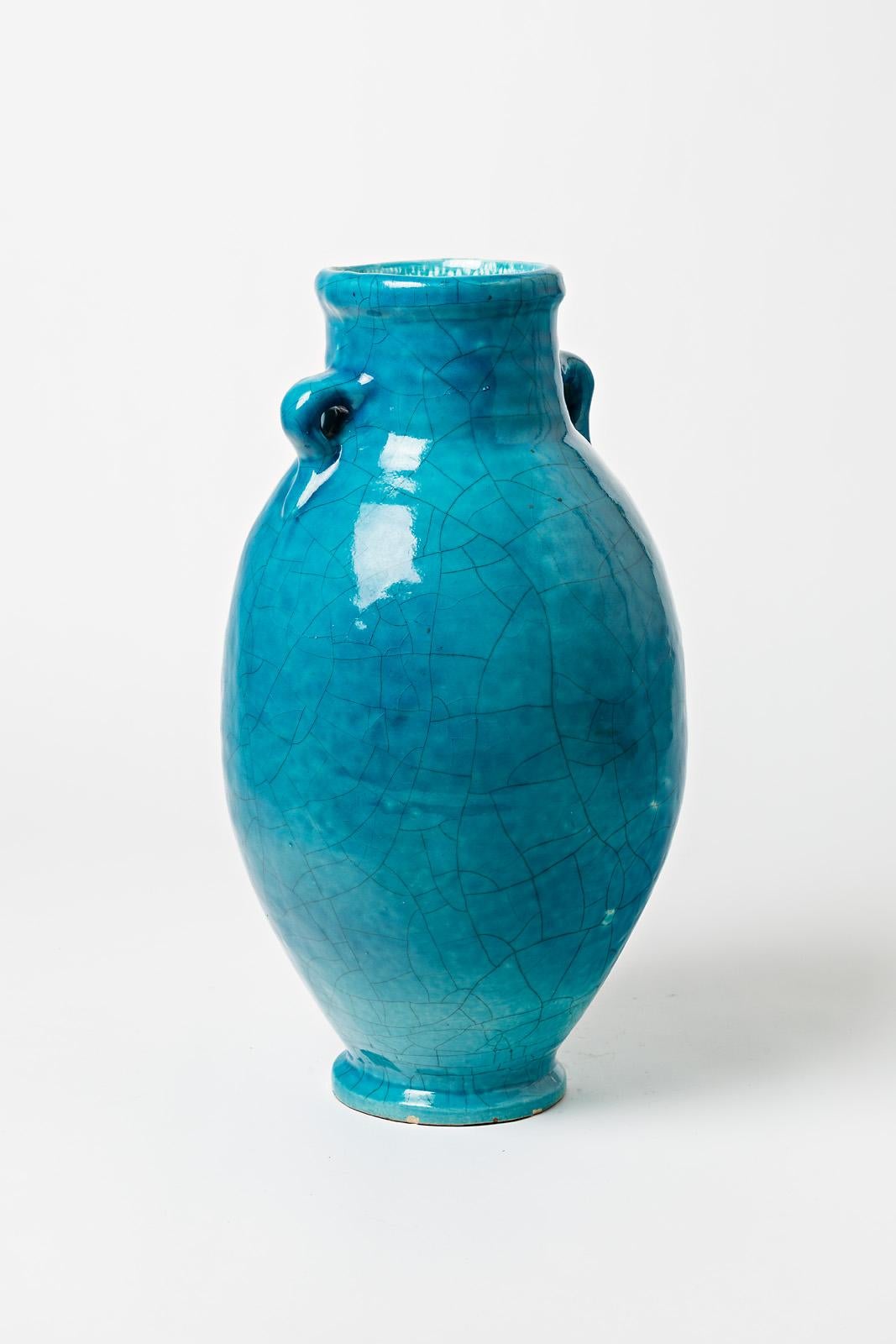 Jarrón de cerámica vidriada azul atribuido a Raoul Lachenal, hacia 1930. Francés en venta