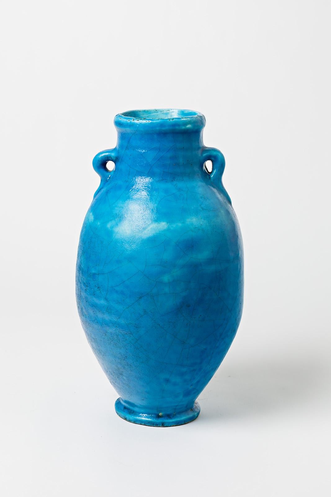 Blue glazed ceramic vase attributed to Raoul Lachenal, circa 1930. In Excellent Condition For Sale In Saint-Ouen, FR