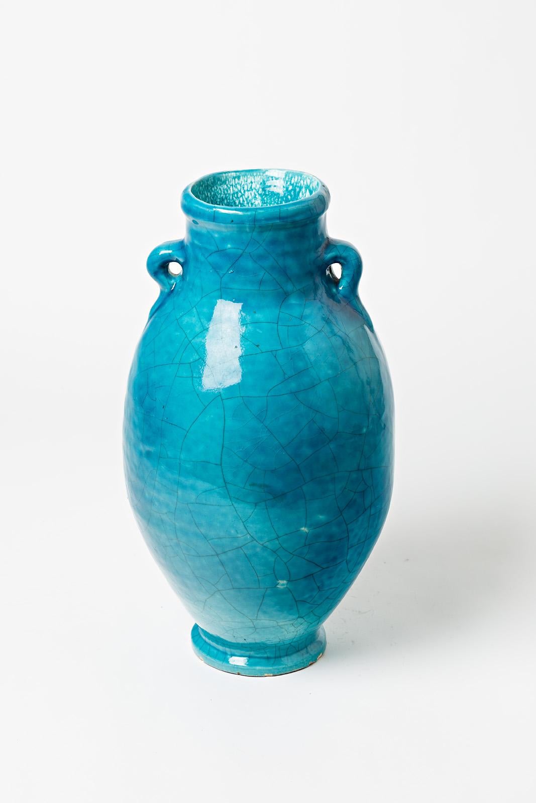 Beaux-Arts Vase en céramique émaillée bleue attribué à Raoul Lachenal, vers 1930. en vente