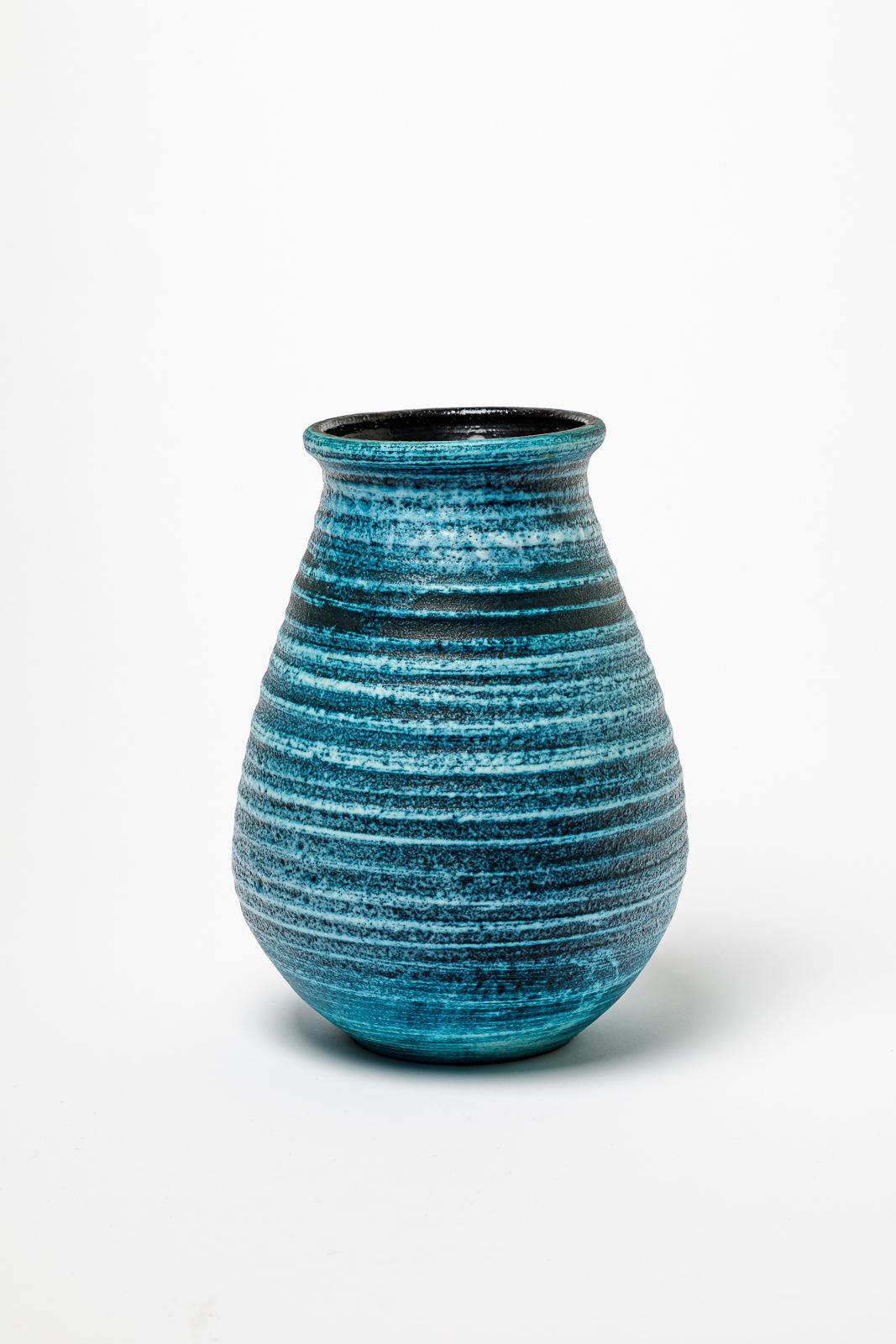 Beaux Arts Blue glazed ceramic vase by Accolay, circa 1960-1970. For Sale